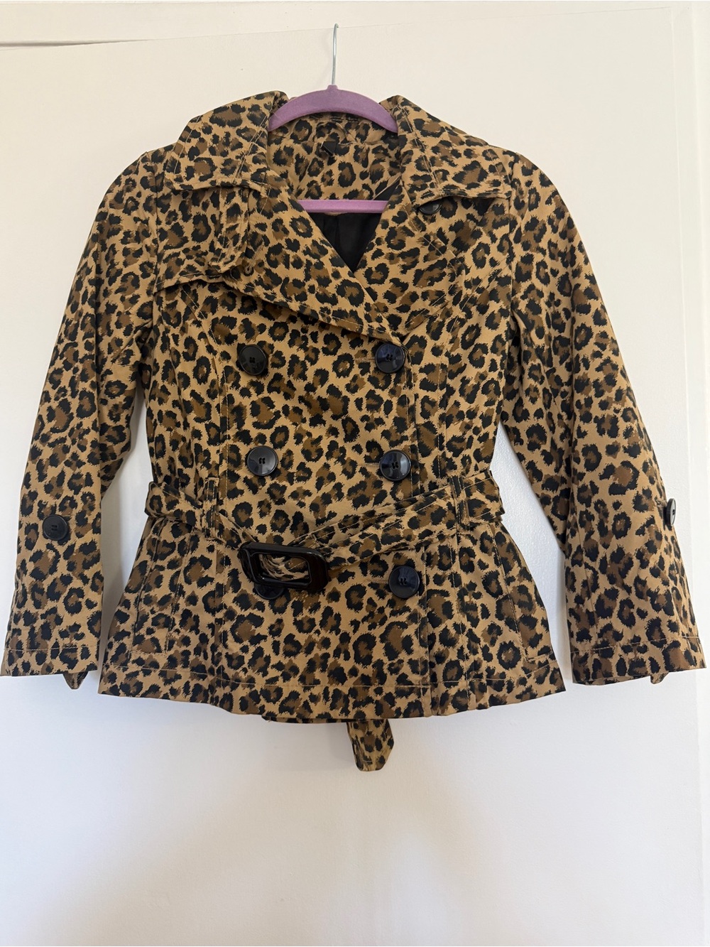 Leopard Print Double-Breasted Trench Coat - Tan/Black